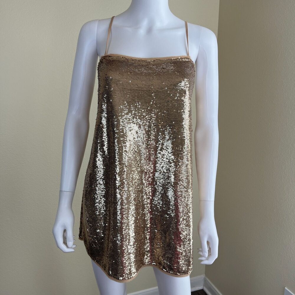 Free People Women's Size XS Time To Shine Gold Sequin Mini Slip Dress Party Y2K